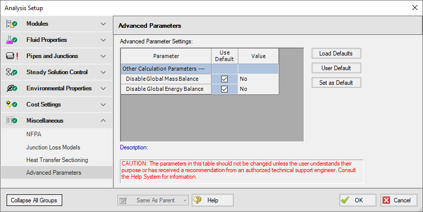 The default state of the Advanced Parameters panel in the Miscellaneous group of the Analysis Setup window.